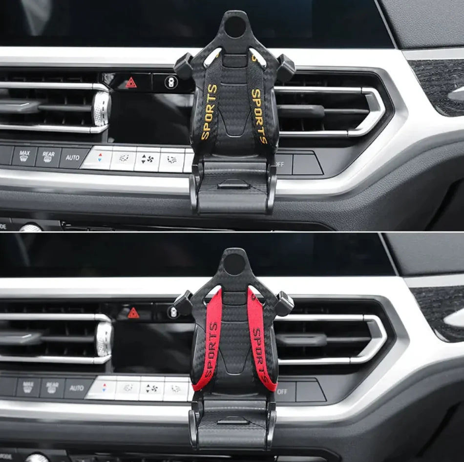 Suporte de Telefone para Carro em Formato de Banco de Corrida - Clipe de Ventilação de Ar Rotativo 360°